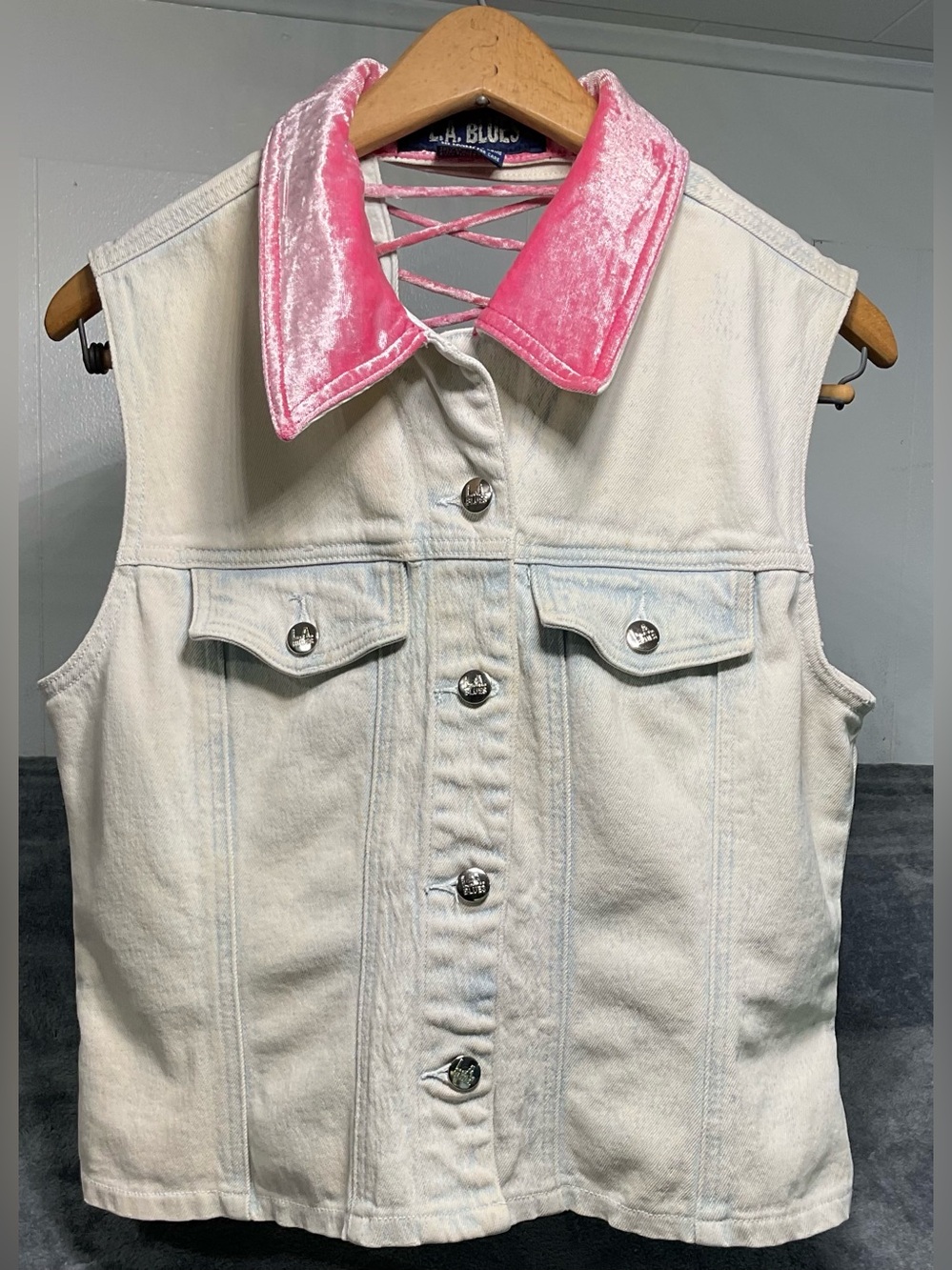 Vintage Denim Vest with Pink Velvet Collar and back lace up
